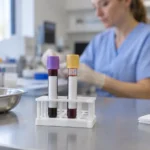 Blodprovsrör på ett laboratorium för analys av ApoB och LDL