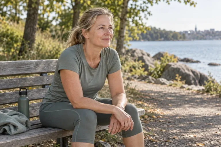 Kvinna som vilar på en bänk efter fysisk aktivitet