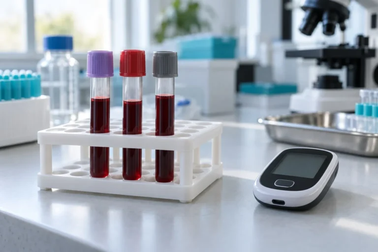 Blodprovsrör och blodsockermätare inför analys av C-peptid