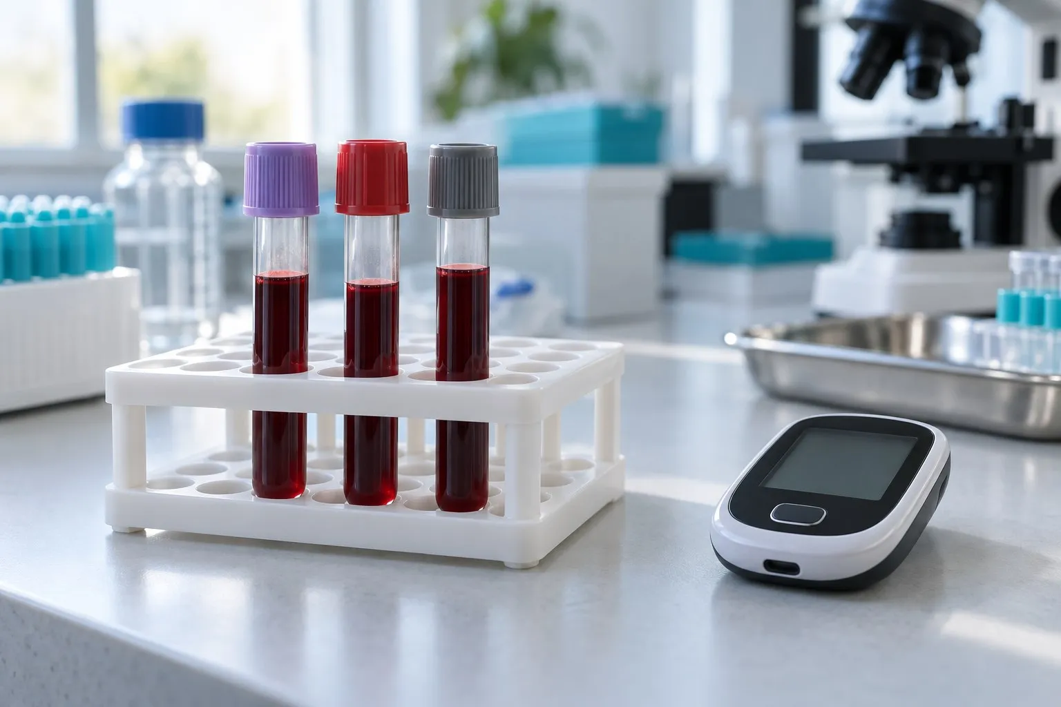 Blodprovsrör och blodsockermätare inför analys av C-peptid