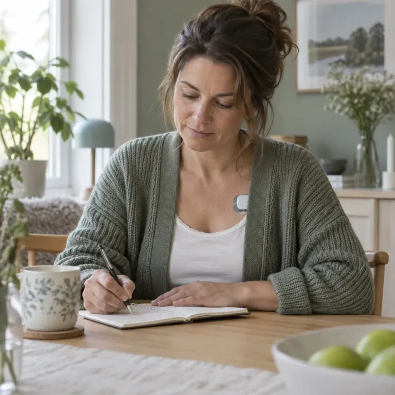 Kvinna antecknar symtom under en långtidsregistrering av EKG hemma