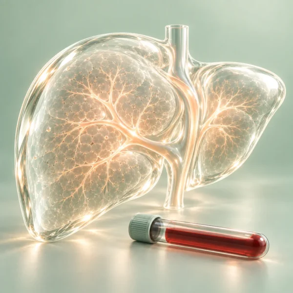Albumin – produktbild Lever i glas och ett blodprovsrör – Albumin