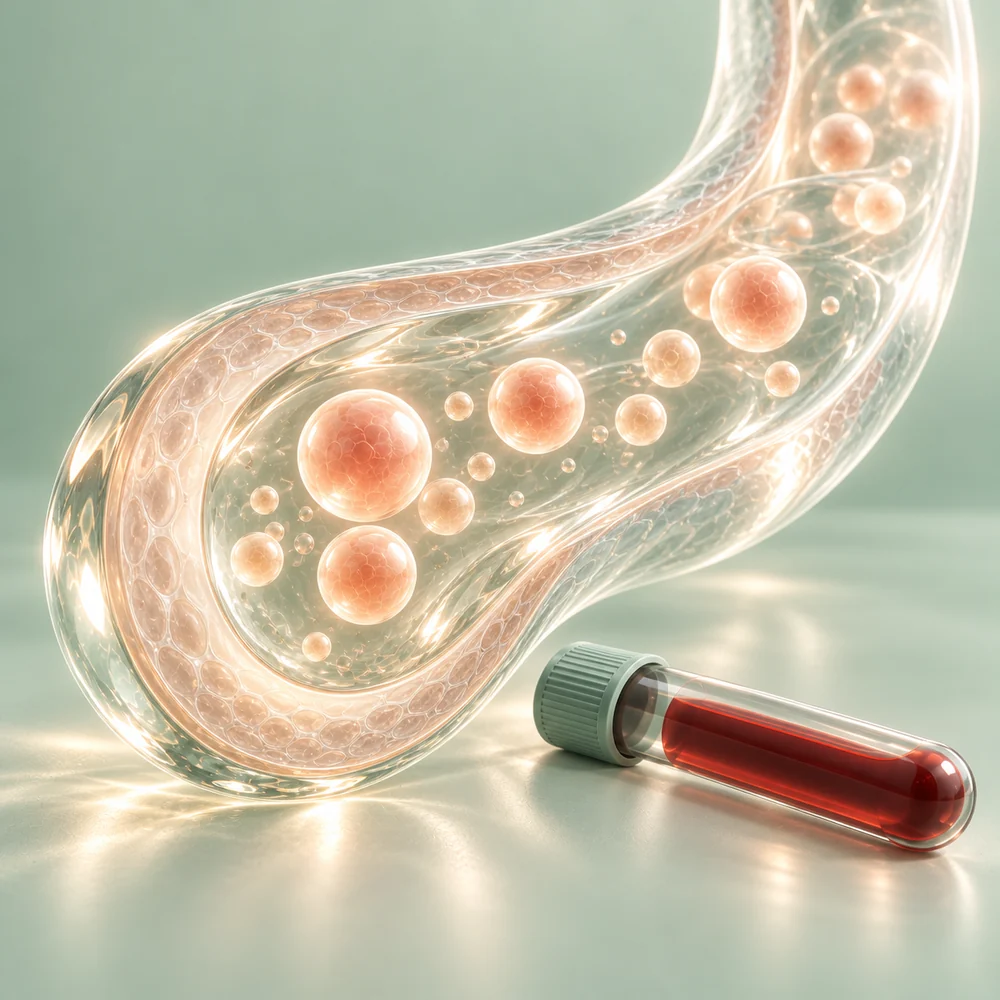 Blodkärl och symboliska fettpartiklar i glas – ApoB (Apolipoprotein B)