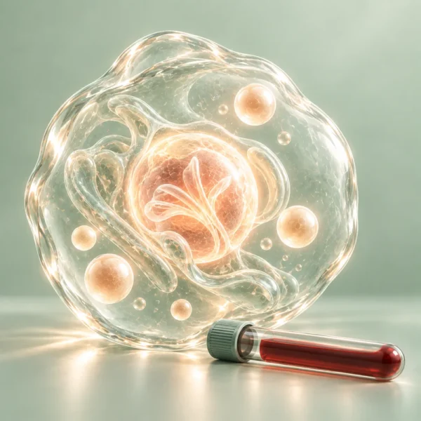 Cellmodell och symboliska näringsämnen i glas – Folat (folsyra, vitamin B9)