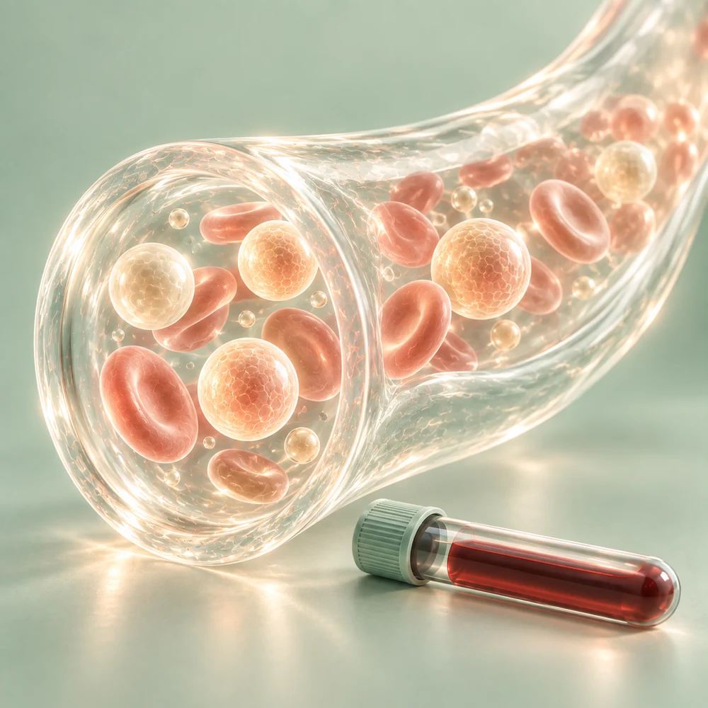 Blodkärl och symboliska fettpartiklar i glas – Lipoprotein(a) – Lp(a)