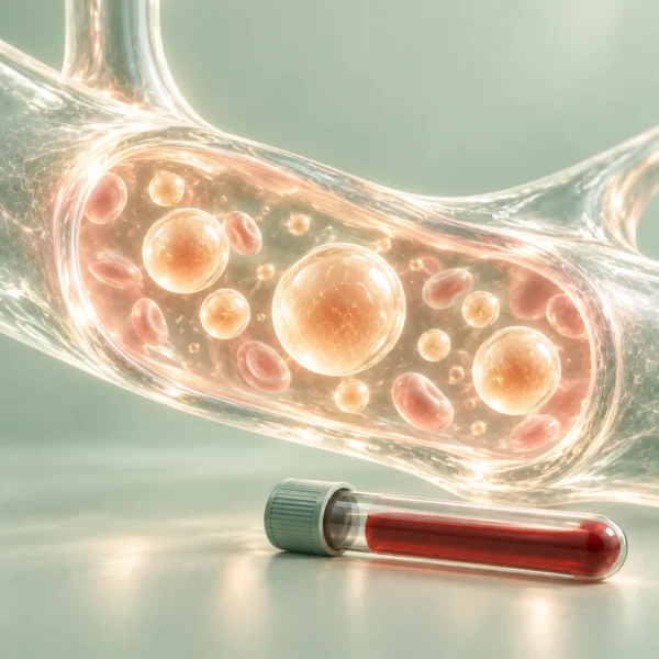 Triglycerider – produktbild Blodkärl och symboliska fettpartiklar i glas – Triglycerider