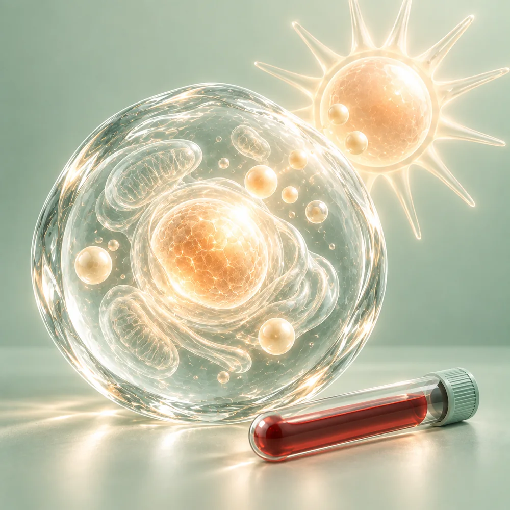 Cellmodell och symboliska näringsämnen i glas – Vitamin D (25-OH-vitamin D)