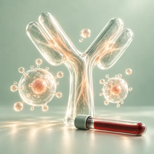 HIV & hepatit B/C – produktbild Antikroppar i glas och ett blodprovsrör – HIV & hepatit B/C