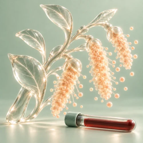 Pollen och växtdelar i glas med blodprovsrör – Pollenallergi