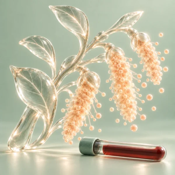 Pollen och växtdelar i glas med blodprovsrör – Pollenallergi