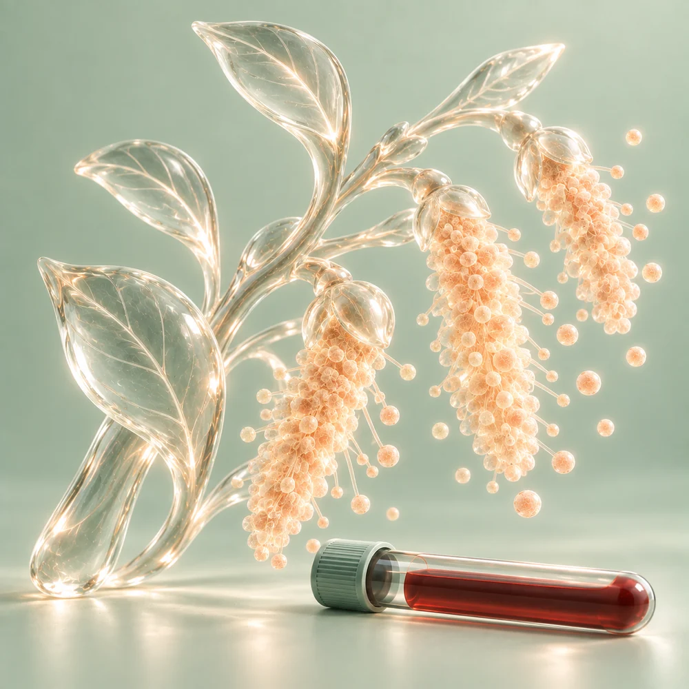 Pollen och växtdelar i glas med blodprovsrör – Pollenallergi