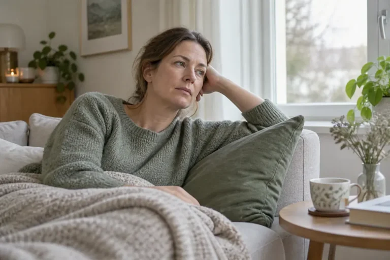 Kvinna vilar hemma vid trötthet