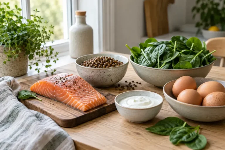 Lax, ägg, spenat, linser och yoghurt