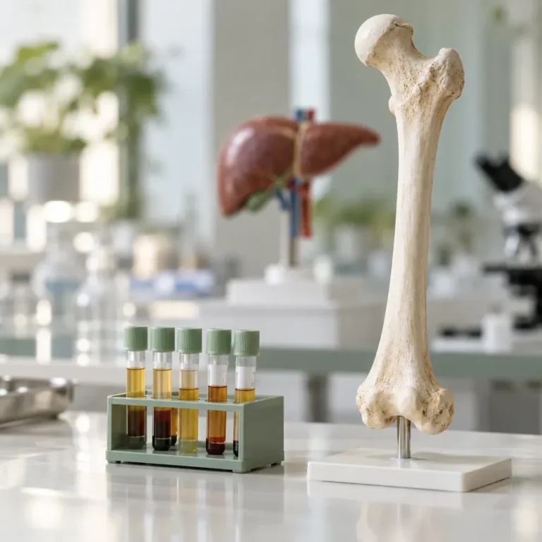 Blodprovsrör bredvid en anatomisk modell av ett lårben.