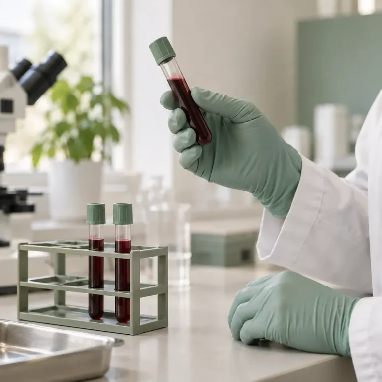 Laboratoriepersonal håller ett blodprovsrör inför analys av kalium