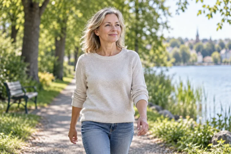 Illustration av en kvinna på promenad vid en sjö