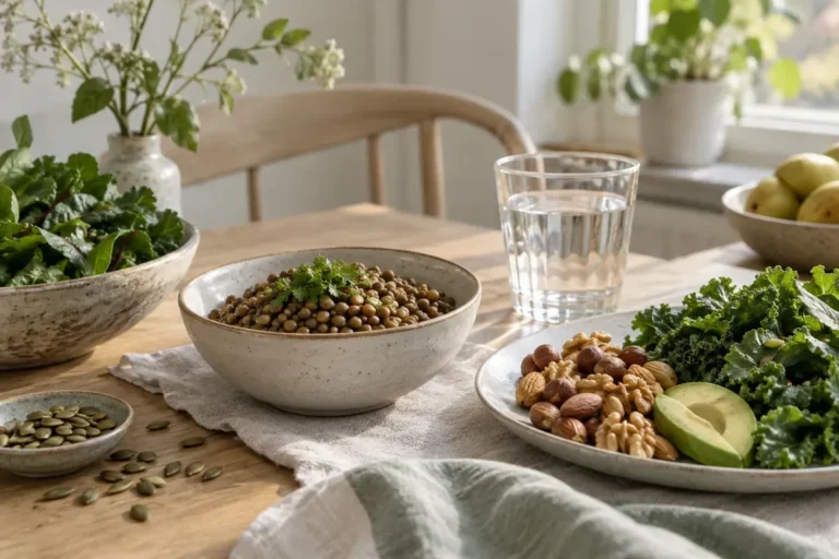 Linser, nötter och gröna grönsaker på ett ljust matbord