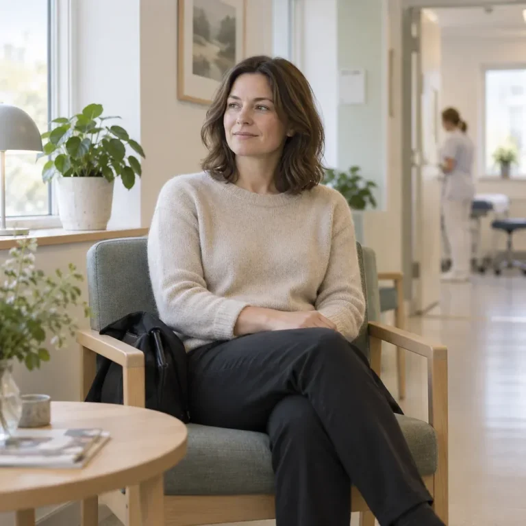 Kvinna sitter i vila före ett prolaktinprov