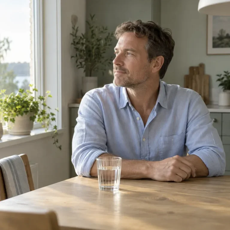 Man vid ett köksbord i morgonljus inför ett testosteronprov