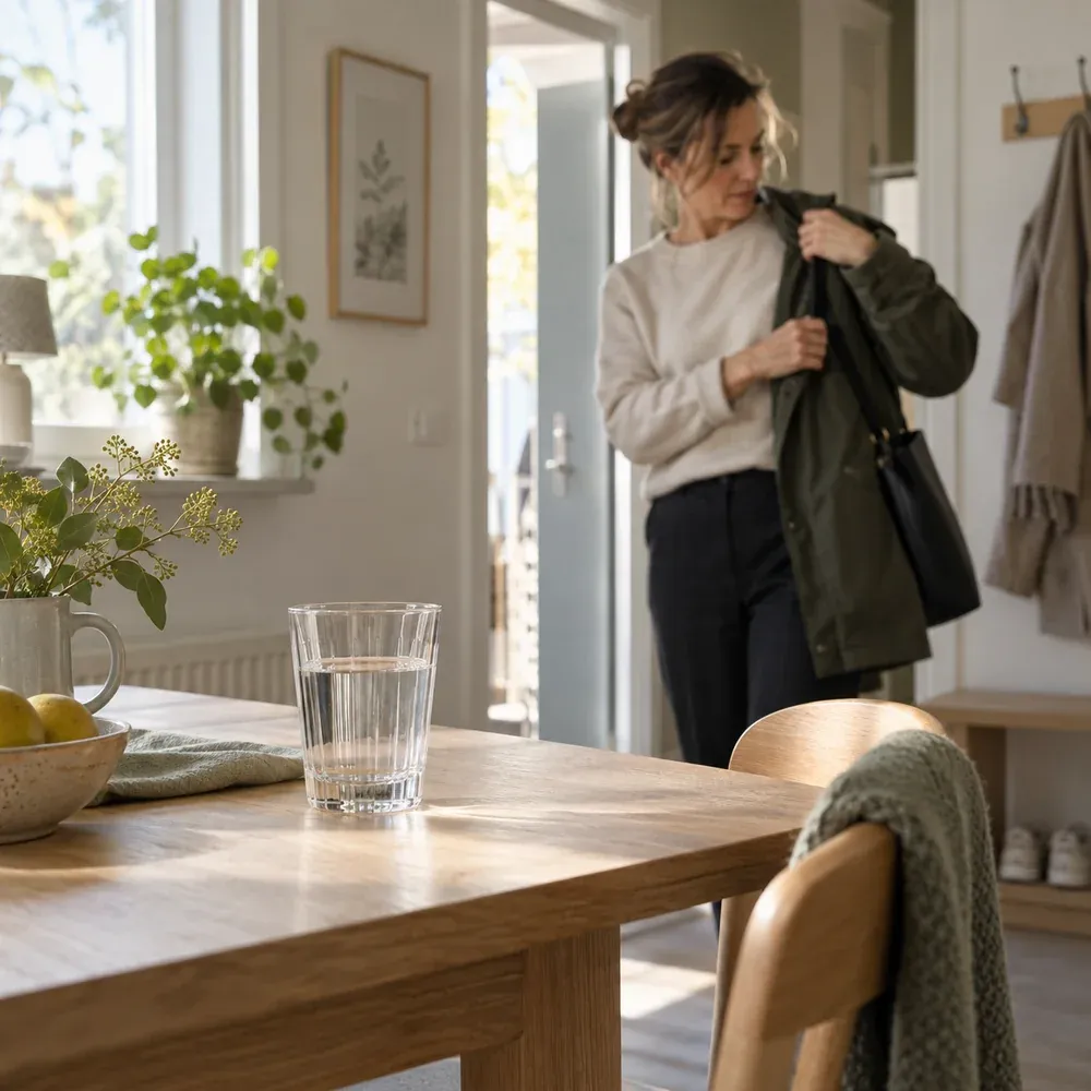 Ett glas vatten på ett lugnt frukostbord inför fastande blodprov