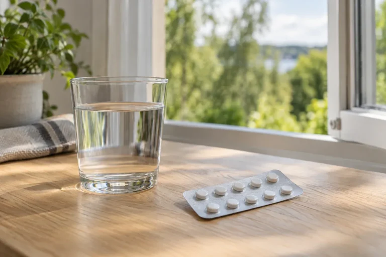 Ett glas vatten och en omärkt tablettförpackning på ett bord vid ett fönster.