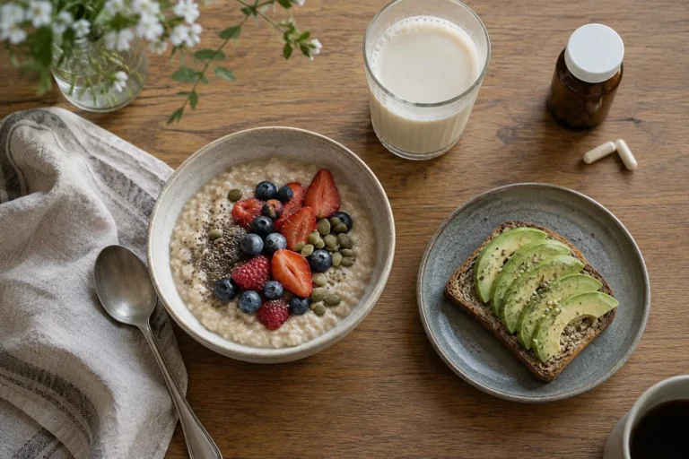 Vegansk frukost med gröt, bär och en omärkt tillskottsburk