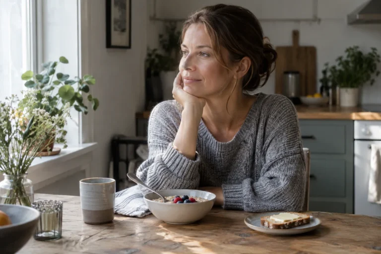 Kvinna sitter vid ett frukostbord i morgonljus.