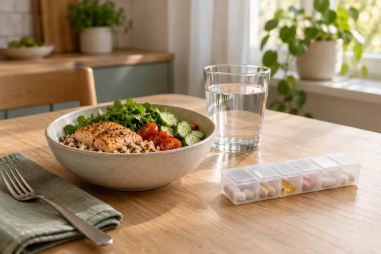 En måltid, ett glas vatten och en dosett på ett köksbord