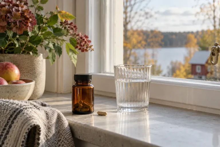 En omärkt tillskottsburk och ett glas vatten vid ett fönster.