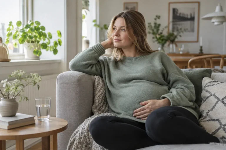 Gravid kvinna som sitter i en soffa i ett ljust rum