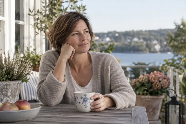 En kvinna sitter på en lugn terrass i dagsljus.