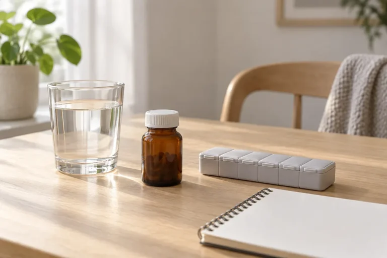 Omarkerad medicinburk, dosett och vattenglas i morgonljus
