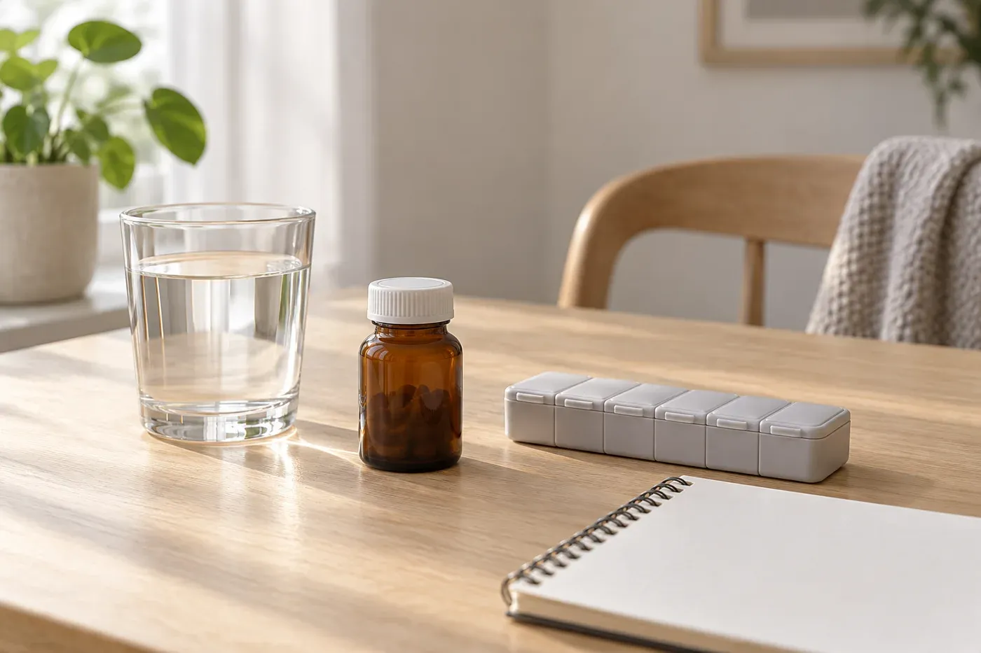 Omarkerad medicinburk, dosett och vattenglas i morgonljus