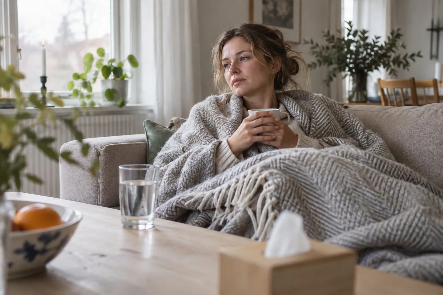 Person som vilar hemma med ett glas vatten nära till hands