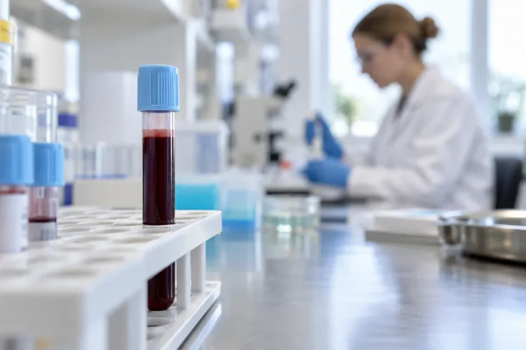 Förslutet blodprovsrör med ljusblå kork i ett ställ på ett laboratoriebord.