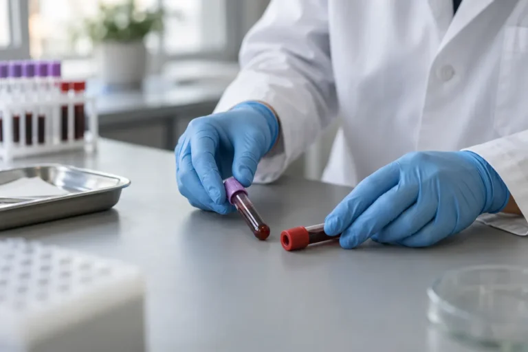 Förslutna blodprovsrör hanteras på ett laboratoriebord.