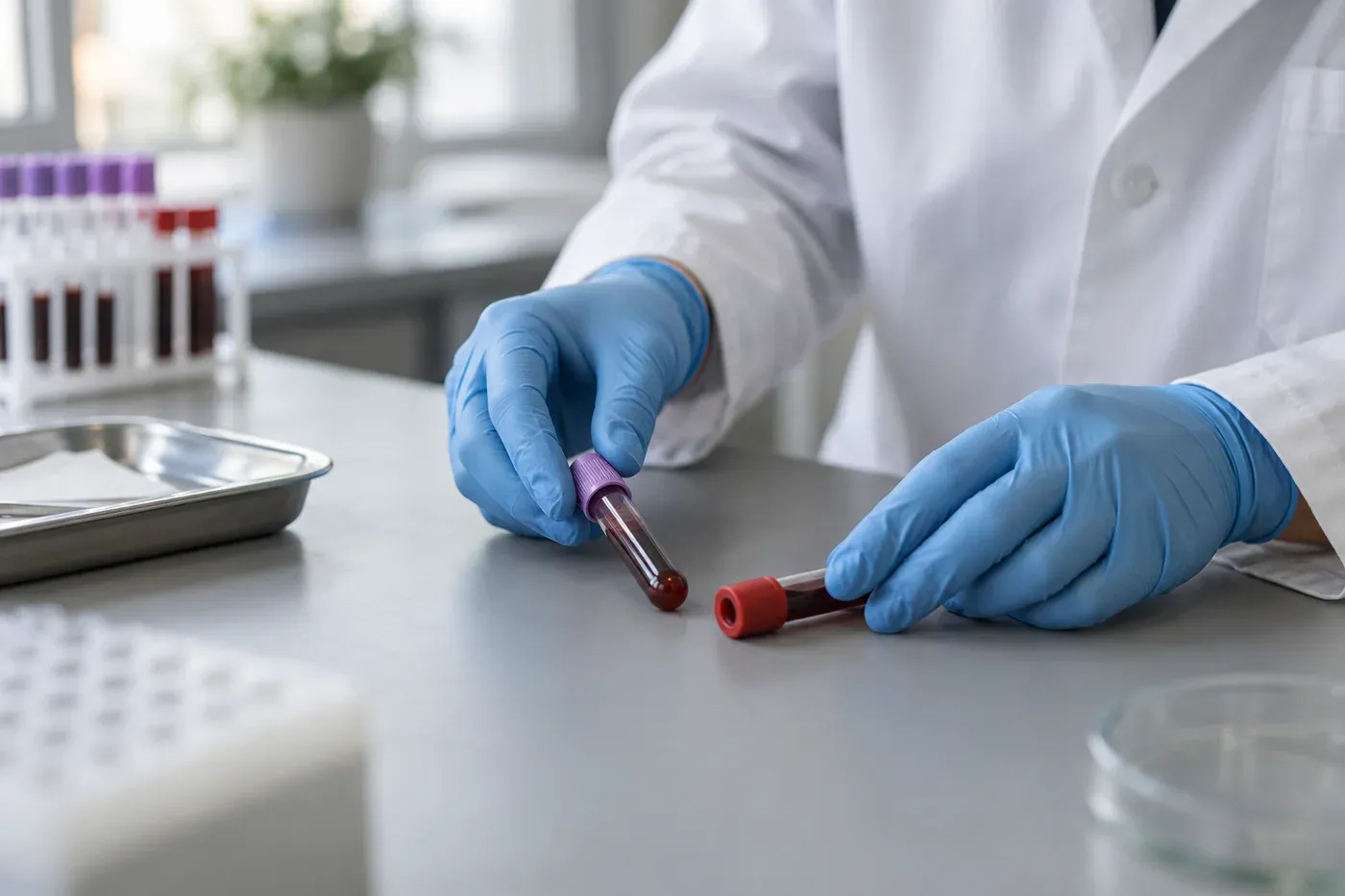 Förslutna blodprovsrör hanteras på ett laboratoriebord.