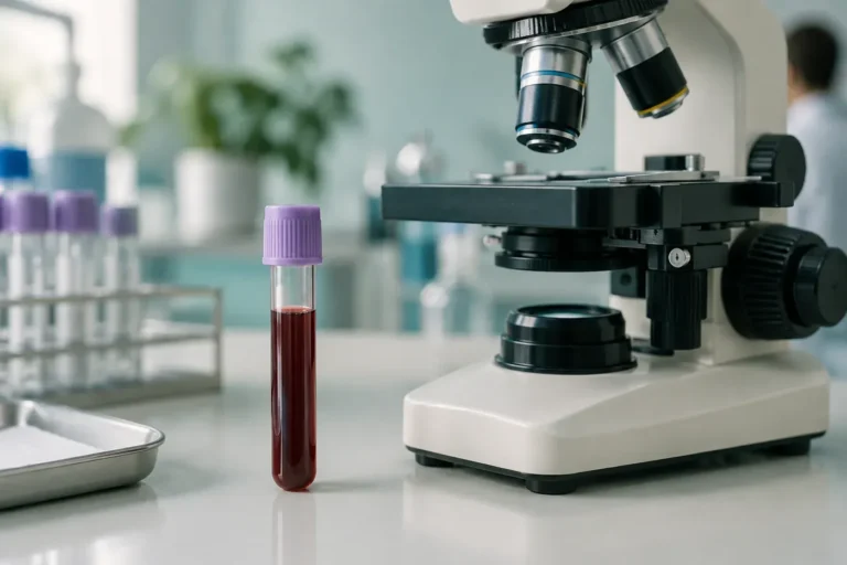 Ett förslutet blodprovsrör står bredvid ett laboratoriemikroskop.
