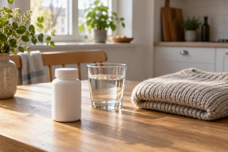 En omärkt vitaminburk och ett glas vatten på ett ljust bord.