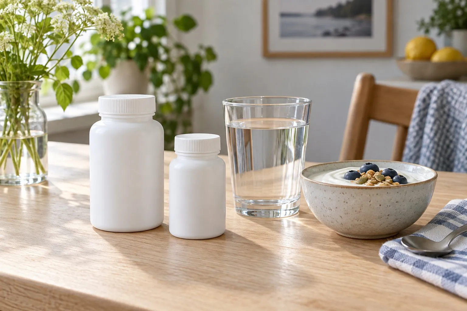 Två neutrala burkar bredvid vatten och en skål yoghurt
