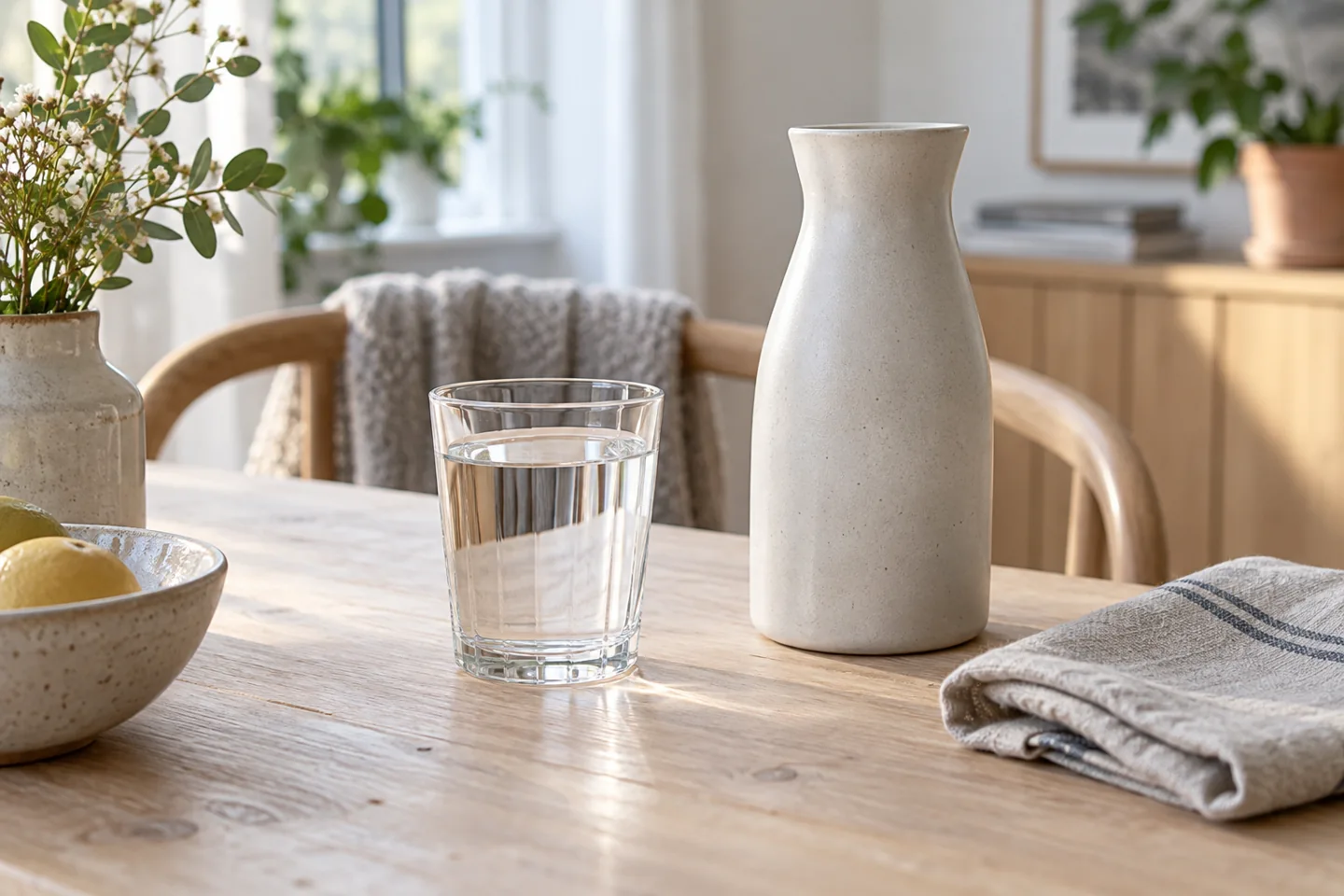 Ett glas vatten och en karaff på ett ljust träbord.