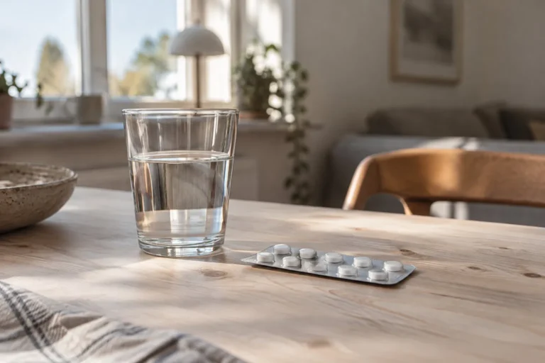 Ett oöppnat läkemedelsblister bredvid ett glas vatten.