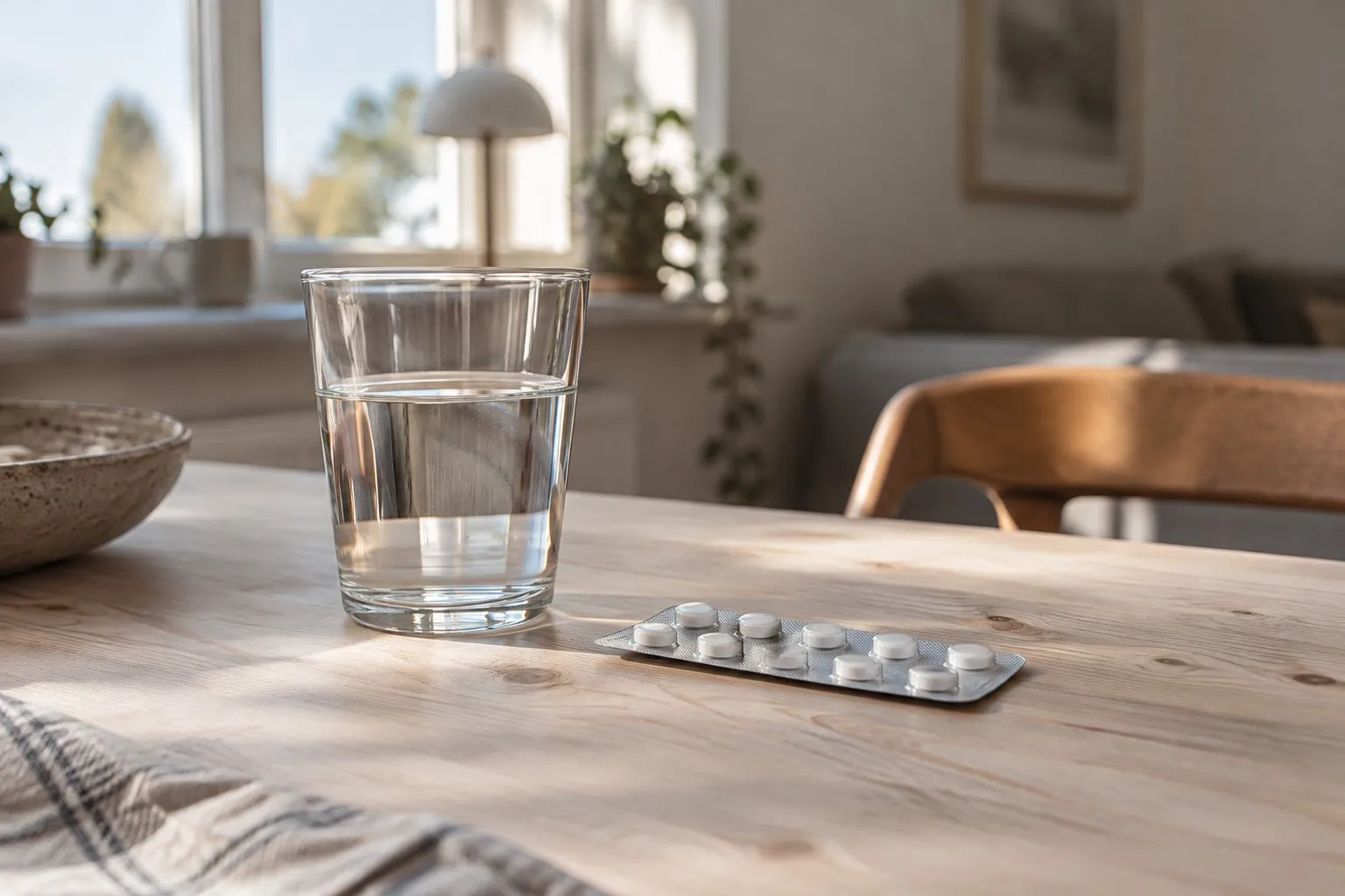 Ett oöppnat läkemedelsblister bredvid ett glas vatten.
