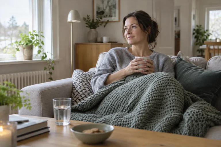 Kvinna vilar hemma med en filt och ett glas vatten i närheten.