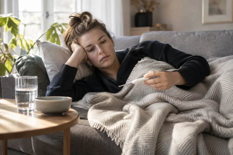 Person som vilar i en soffa med en termometer i handen