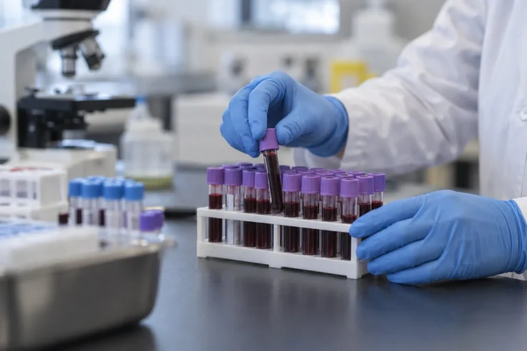 Blodprovsrör i ett ställ på ett laboratorium
