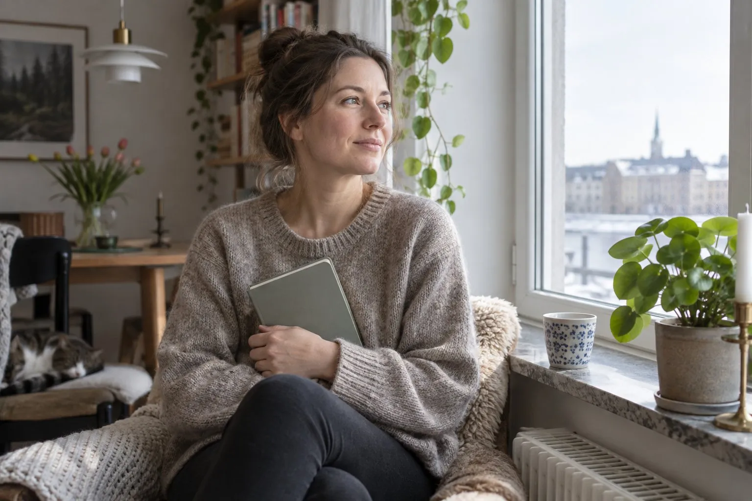 Kvinna som sitter vid ett fönster med en anteckningsbok