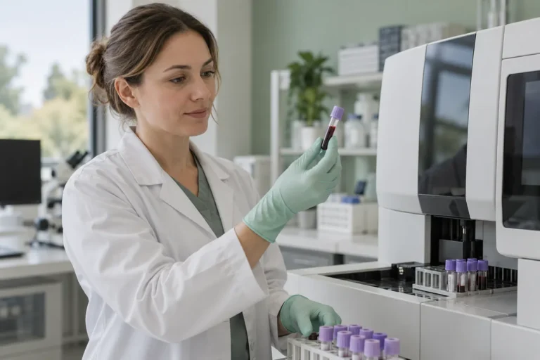 Laboratoriepersonal håller ett förslutet blodprovsrör vid en analysapparat.