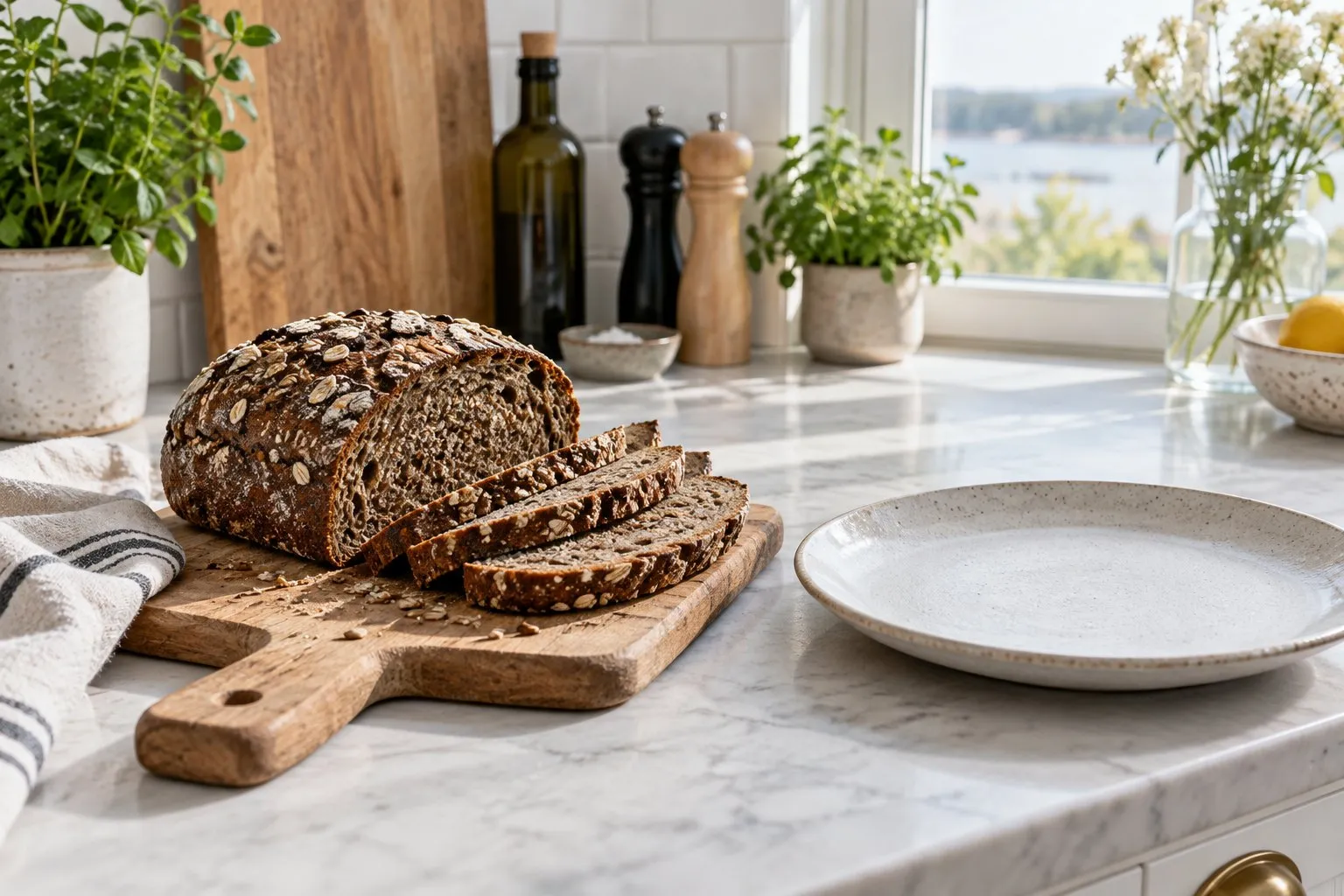Skivat rågbröd på en skärbräda bredvid en tallrik