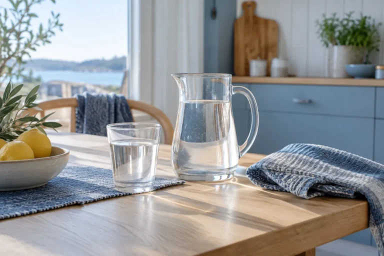 Glas och kanna med vatten på ett ljust köksbord